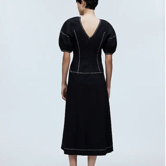 Madewell Puff-Sleeve Drop-Waist Midi Dress Black Size 2 NWT - Picture 2 of 11